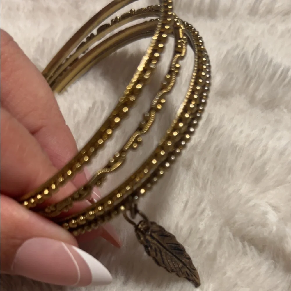 Gold Bangle Bracelets with Leaf Charm